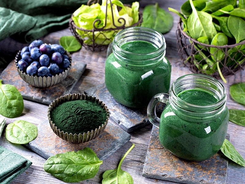 Life Extension, glasses and bowls with healthy dark green powder, blueberries, and green drinks. Antioxidants and detox.